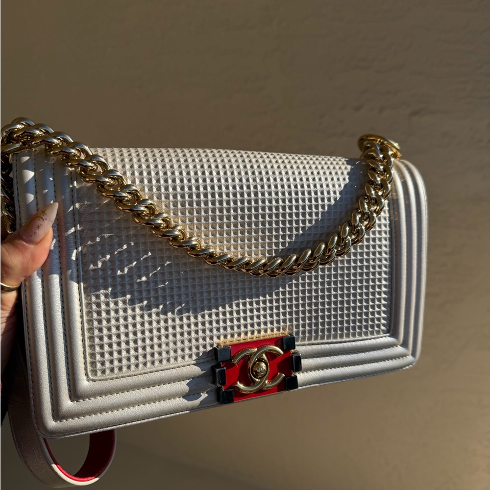 Chanel White Cube Medium Boy Bag Shoulder Bag with Gold Chain